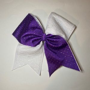 White and purple cheer bow